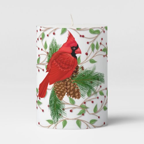 Cardinal and Holly Pillar Candle