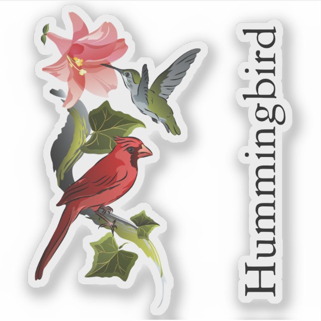 Cardinal and Hummingbird Pink Lily Custom Text Sticker (Front)