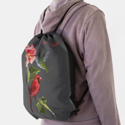 Cardinal and Hummingbird Pink Lily Personalized Drawstring Bag