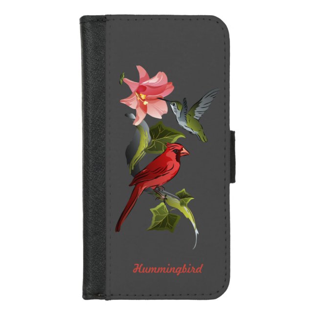Cardinal and Hummingbird Pink Lily Personalized iPhone Wallet Case (Front)
