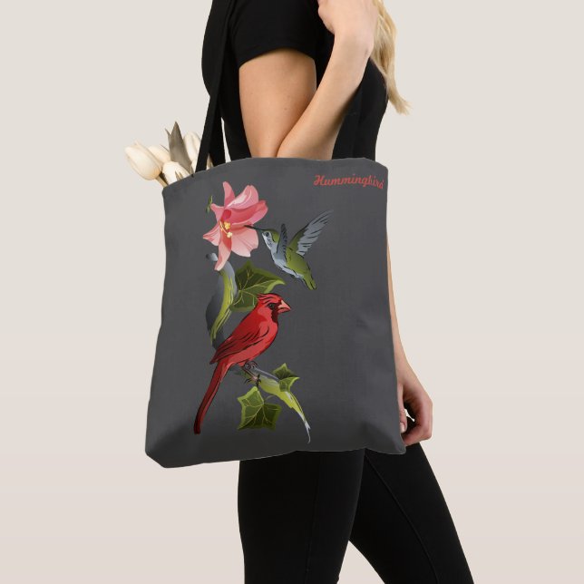 Cardinal and Hummingbird Pink Lily Personalized Tote Bag (Close Up)