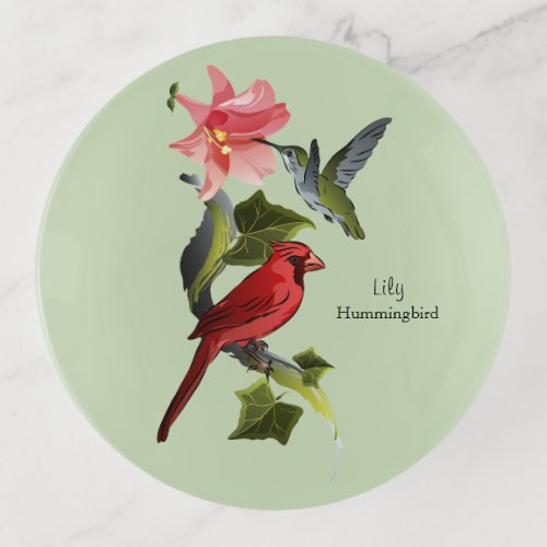 Cardinal and Hummingbird Pink Lily Personalized Trinket Tray