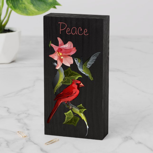 Cardinal and Hummingbird Pink Lily Word Wooden Box Sign (In Situ Vertical)