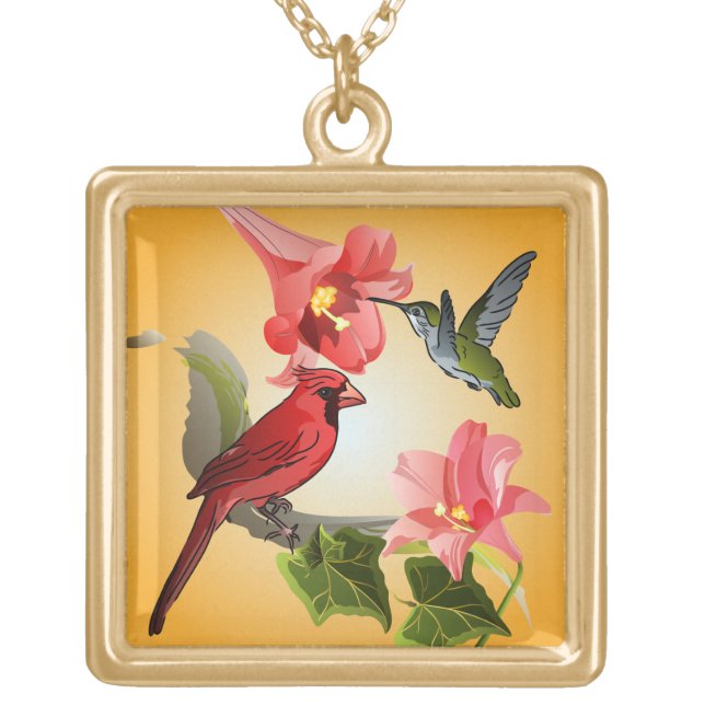 Cardinal and Hummingbird with Pink Lilies and Ivy Gold Plated Necklace (Front)