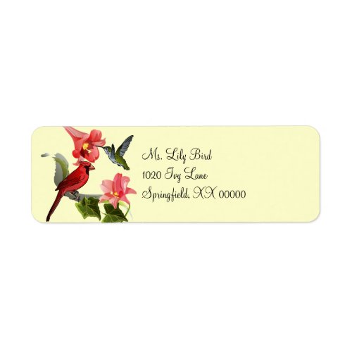 Cardinal and Hummingbird with Pink Lilies and Ivy Label