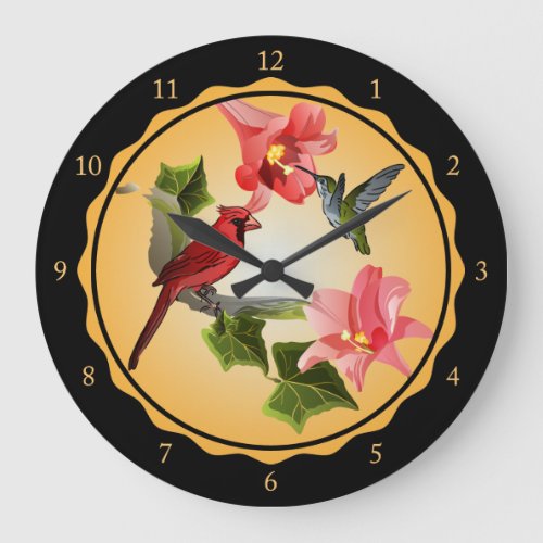 Cardinal and Hummingbird with Pink Lilies and Ivy Large Clock