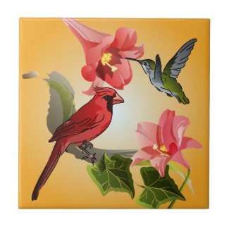 Cardinal and Hummingbird with Pink Lilies and Ivy Tile