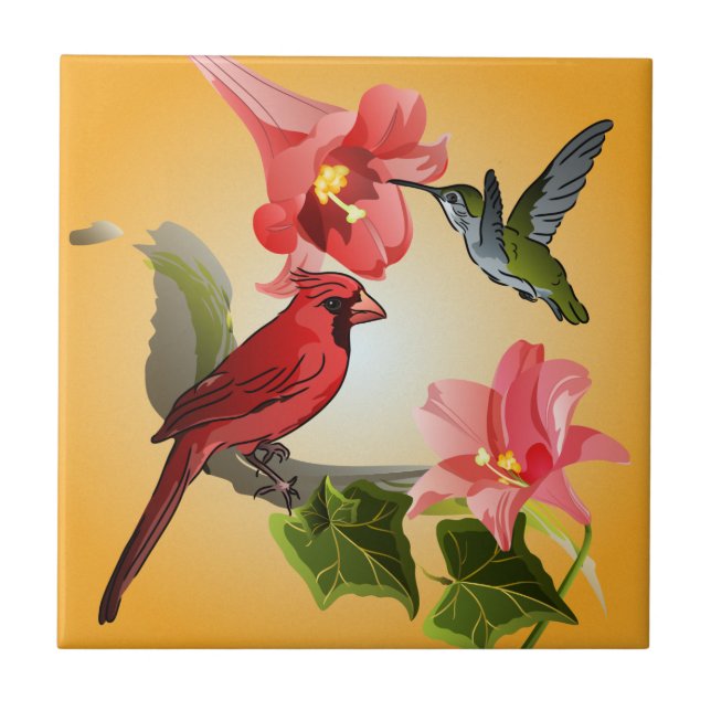 Cardinal and Hummingbird with Pink Lilies and Ivy Tile (Front)