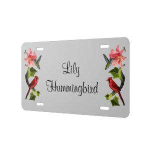 Cardinal and Hummingbird with Pink Lily and Ivy License Plate