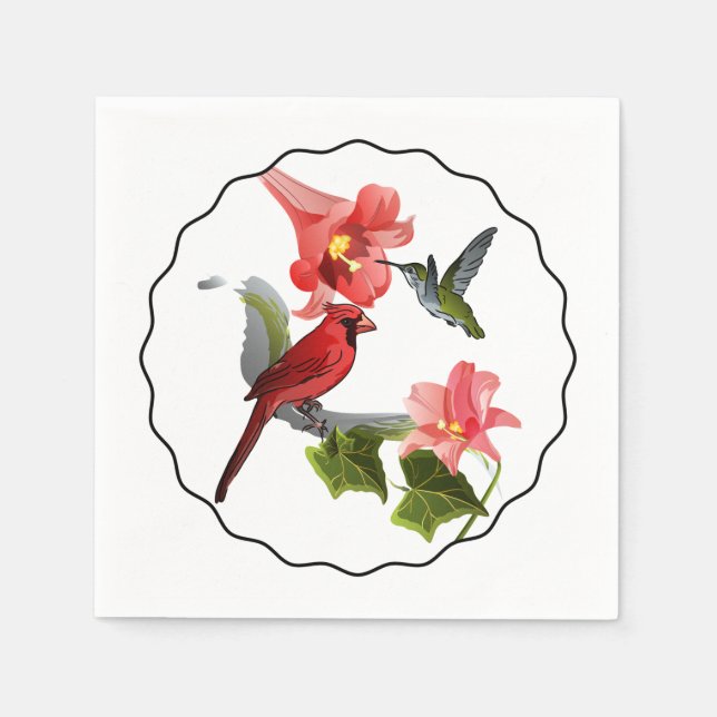 Cardinal and Hummingbird with Pink Lily and Ivy Paper Napkins (Front)