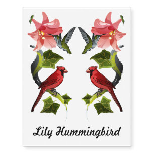 Cardinal and Hummingbird with Pink Lily and Ivy Temporary Tattoos