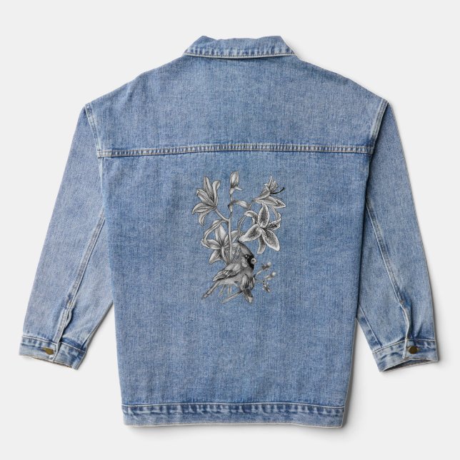 Cardinal and lilies flower bird flying perennial b denim jacket (Back)