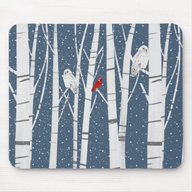 Cardinal and Owls In Snowflakes Mouse Pad (Front)
