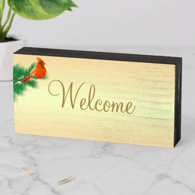 Cardinal and Pine Branch  Welcome Wooden Box Sign (In Situ Horizontal)