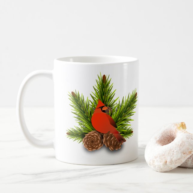 Cardinal and Pinecones Christmas Holiday Mug (With Donut)