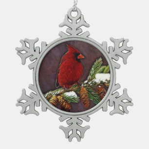 Cardinal and Pinecones Snowflake Pewter Christmas Ornament