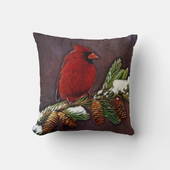 Cardinal and Pinecones Throw Pillow (Front)