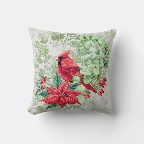  Cardinal and Poinsettia Throw Pillow