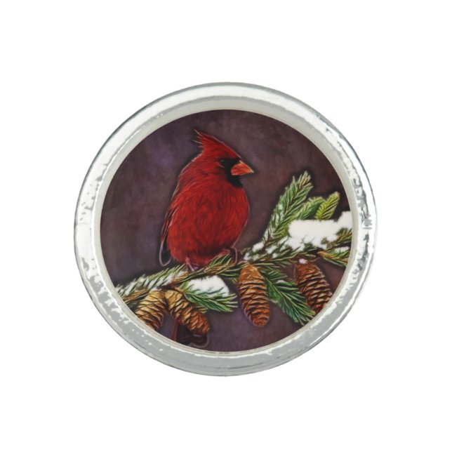 Cardinal and Snowy Pinecones Ring (Front)
