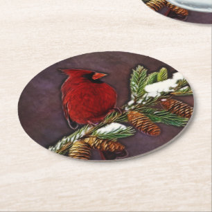 Cardinal and Snowy Pinecones Round Paper Coaster