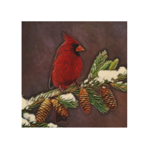 Cardinal and Snowy Pinecones Wood Wall Decor