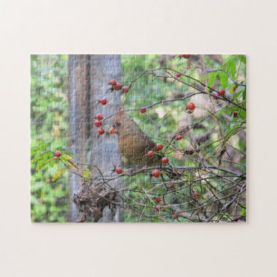 Cardinal at Bird Feeder surrounded by Red Berries Jigsaw Puzzle