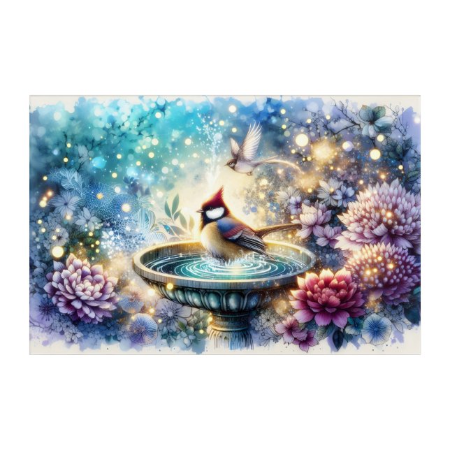 Cardinal at Birdbath Dreamy Garden Ar Acrylic Print (Front)