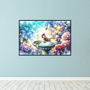 Cardinal at Birdbath Dreamy Garden Ar Canvas Print