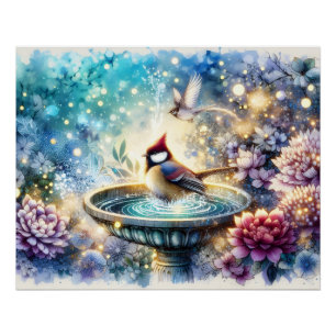 Cardinal at Birdbath Dreamy Garden Ar Poster
