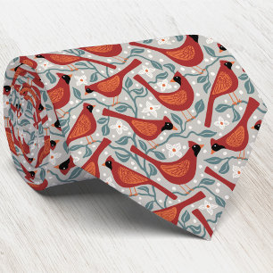 Cardinal Bird American Dogwood Flower Block Print Neck Tie