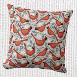 Cardinal Bird American Dogwood Flower Block Print Throw Pillow