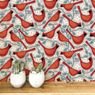 Cardinal Bird American Dogwood Flower Block Print Wallpaper