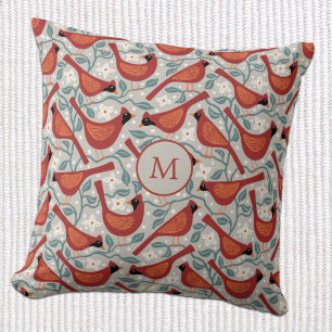Cardinal Bird American Dogwood Flower Monogram Throw Pillow