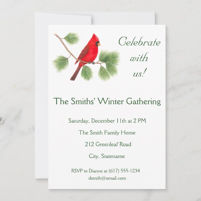 Cardinal Bird Art Holiday Party Invitation (Front)