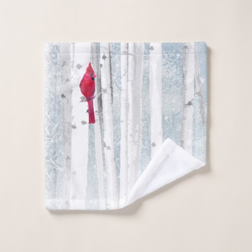 Cardinal Bird beautiful snowy Birch Tree Forest Wash Cloth
