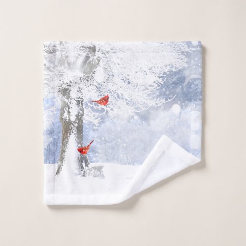Cardinal Bird beautiful snowy Trees Forest Wash Cloth