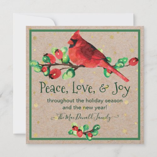 Cardinal Bird  Berries Winter Holiday Flat Card