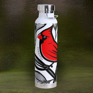 Cardinal Bird Black White Red Tattoo Lines Thor Water Bottle