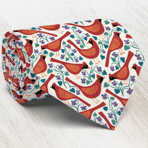Cardinal Bird Blue Violet Flower Block Print Neck Tie