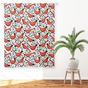 Cardinal Bird Blue Violet Flower Block Print Sheer Curtains