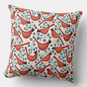 Cardinal Bird Blue Violet Flower Block Print Throw Pillow