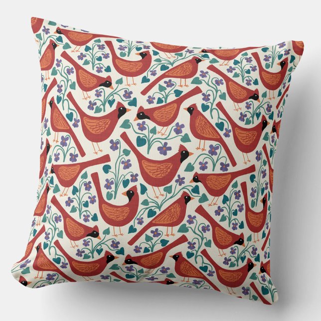 Cardinal Bird Blue Violet Flower Block Print Throw Pillow (Northern Cardinals bird and wild violet flower throw pillow)
