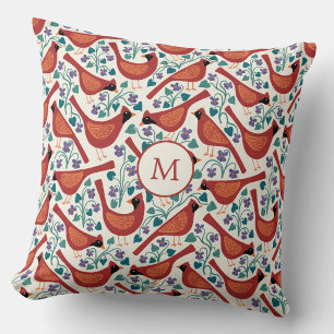 Cardinal Bird Blue Violet Flower Monogram Throw Pillow