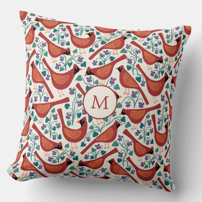 Cardinal Bird Blue Violet Flower Monogram Throw Pillow (Cardinal bird and wood violet flower arts and crafts inspired monogram initial throw pillow)