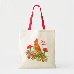 Cardinal Bird Carnations Hand Painted Watercolor  Tote Bag