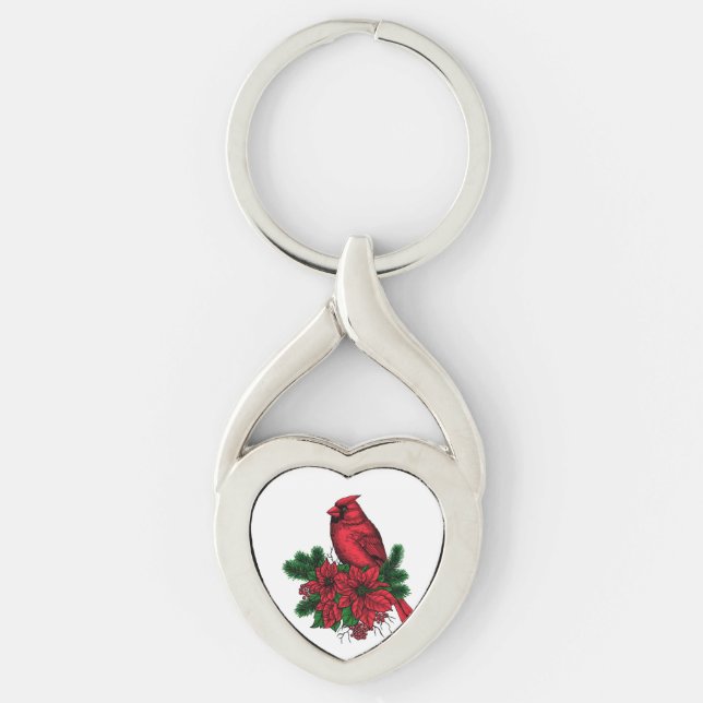 Cardinal bird, Christmas illustration Keychain (Front)