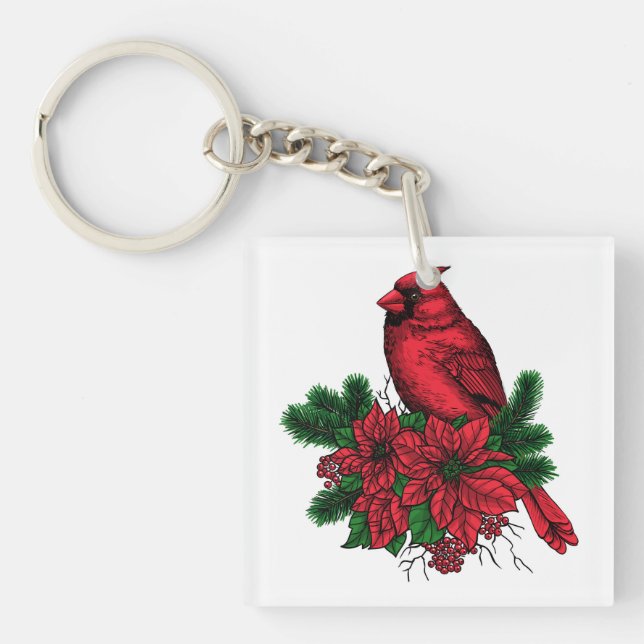 Cardinal bird, Christmas illustration Keychain (Front)