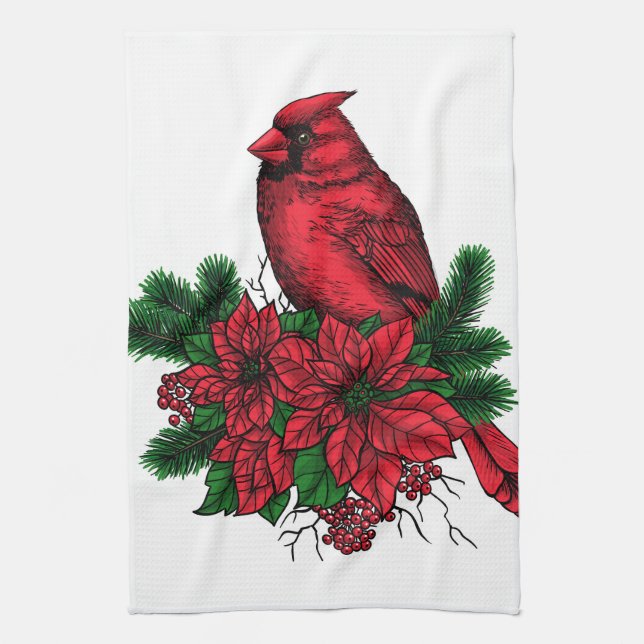 Cardinal bird, Christmas illustration Kitchen Towel (Vertical)