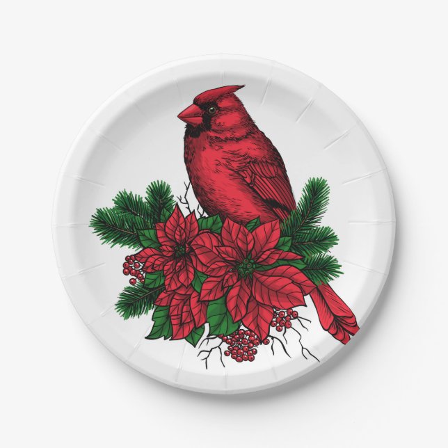 Cardinal bird, Christmas illustration Paper Plates (Front)