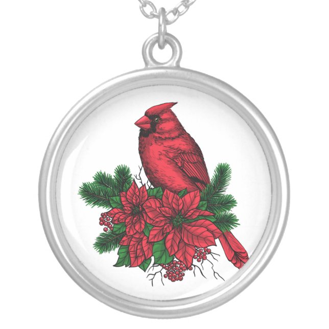 Cardinal bird, Christmas illustration Silver Plated Necklace (Front)